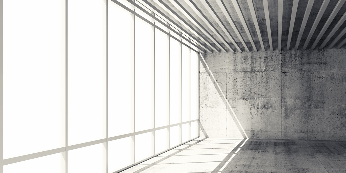 3d interior with bright windows and gray concrete walls